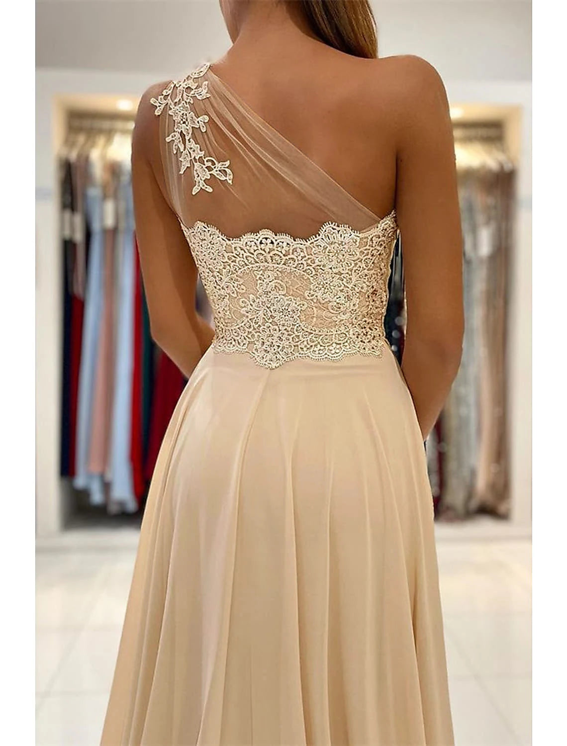 A-Line Prom Dresses Sexy Dress Formal Wedding Guest Court Train Sleeveless One Shoulder Chiffon
