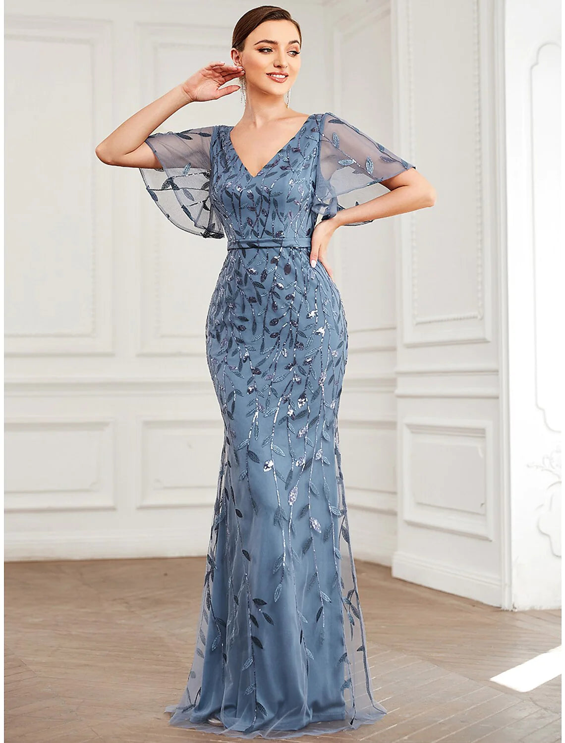 Mermaid / Trumpet Evening Gown Elegant Dress Formal Cocktail Party Floor Length Short Sleeve V Neck Fall Wedding Guest Tulle with Sequin