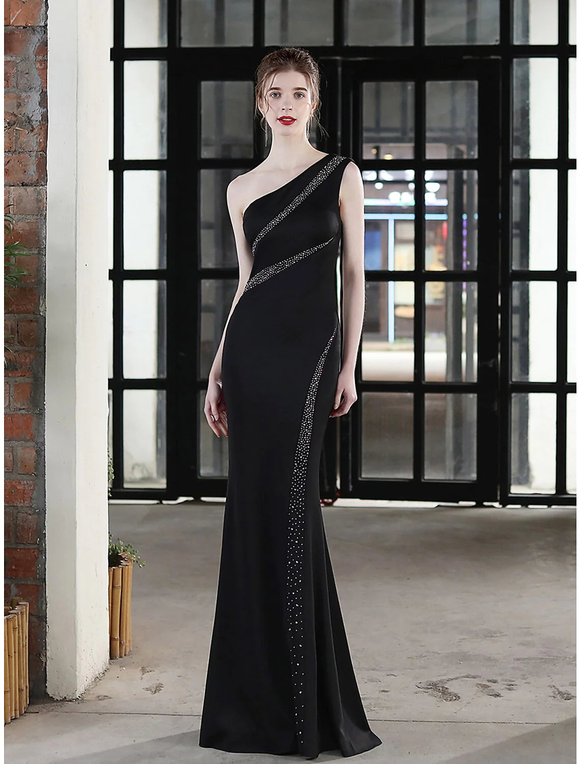 Mermaid / Trumpet Evening Gown Sexy Dress Wedding Guest Floor Length Sleeveless One Shoulder Satin with Crystals