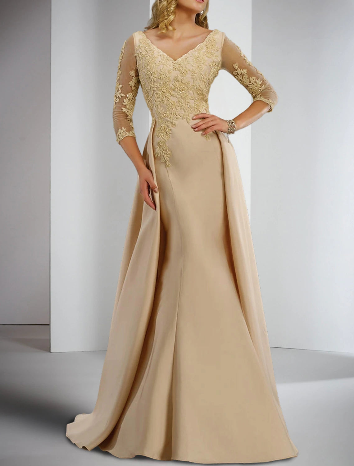 Sheath / Column Mother of the Bride Dress Formal Wedding Guest Elegant V Neck Floor Length Satin Lace 3/4 Length Sleeve