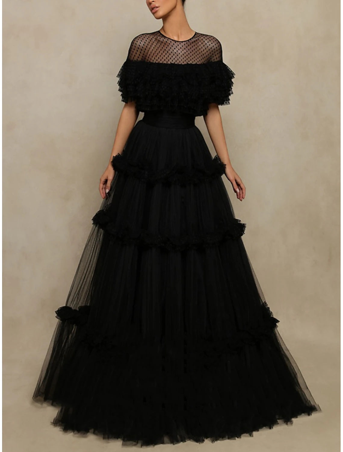 A-Line Prom Dresses Elegant Dress Formal Floor Length Short Sleeve Jewel Neck Tulle
