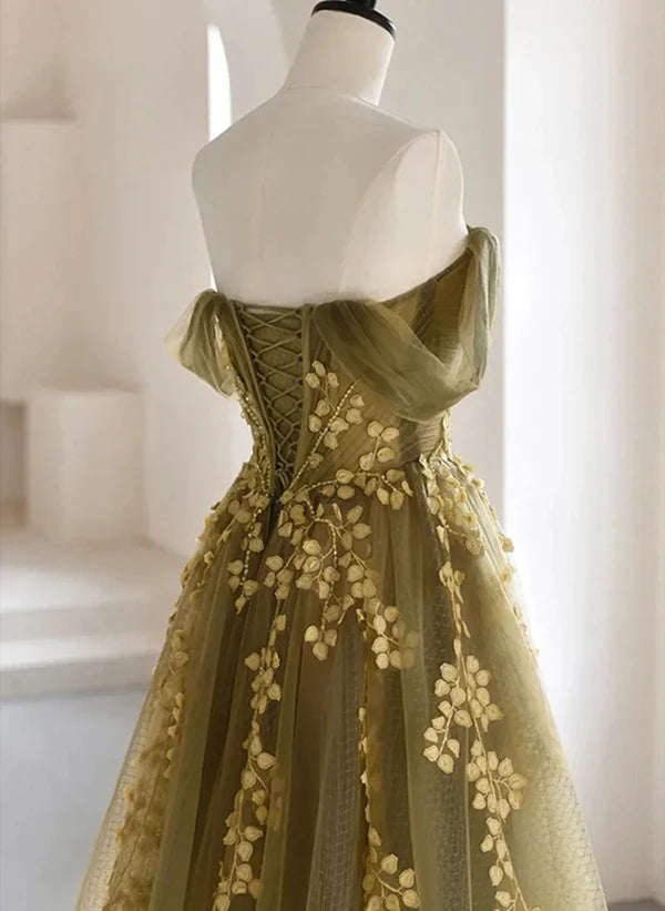 A-line Tulle with Lace Off Shoulder Prom Dress