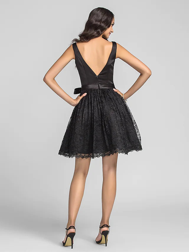Homecoming Dress Bateau Neck Sleeveless Little Black Dress Tea Length Lace Charmeuse