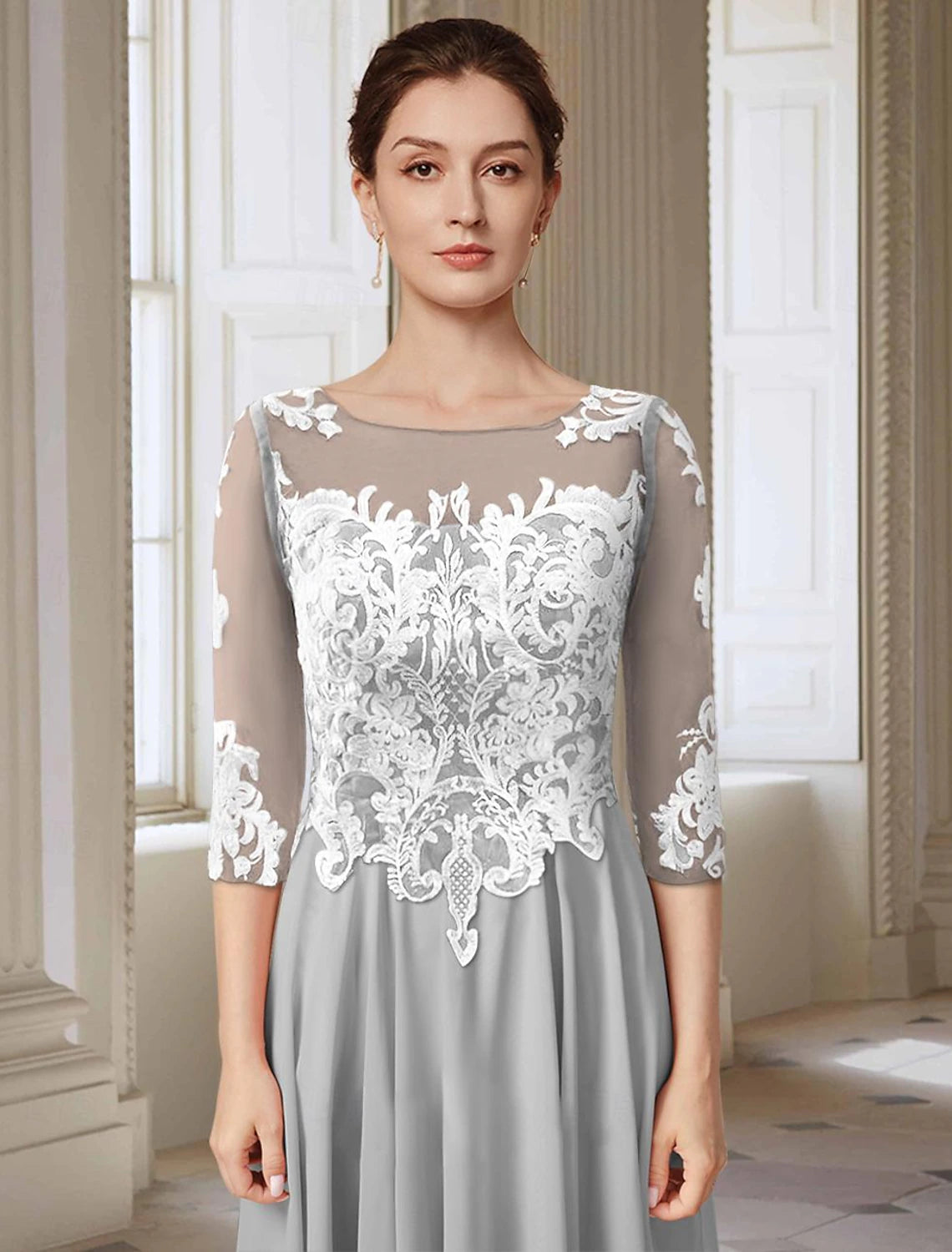 A-Line Mother of the Bride Dress Elegant Jewel Neck Asymmetrical Ankle Length Chiffon Lace 3/4 Length Sleeve
