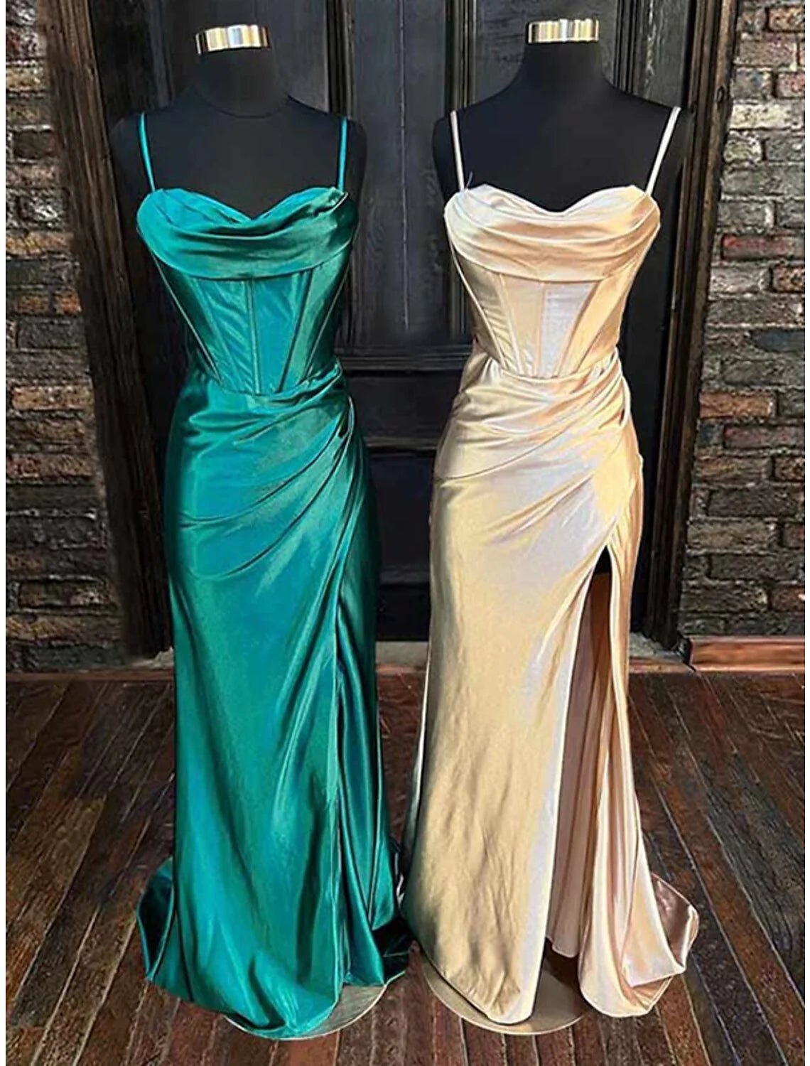 Evening Gown Corsets Dress Black Tie Floor Length Sleeveless Cowl Neck Bridesmaid Dress Satin Backless with Criss Cross Ruched Slit