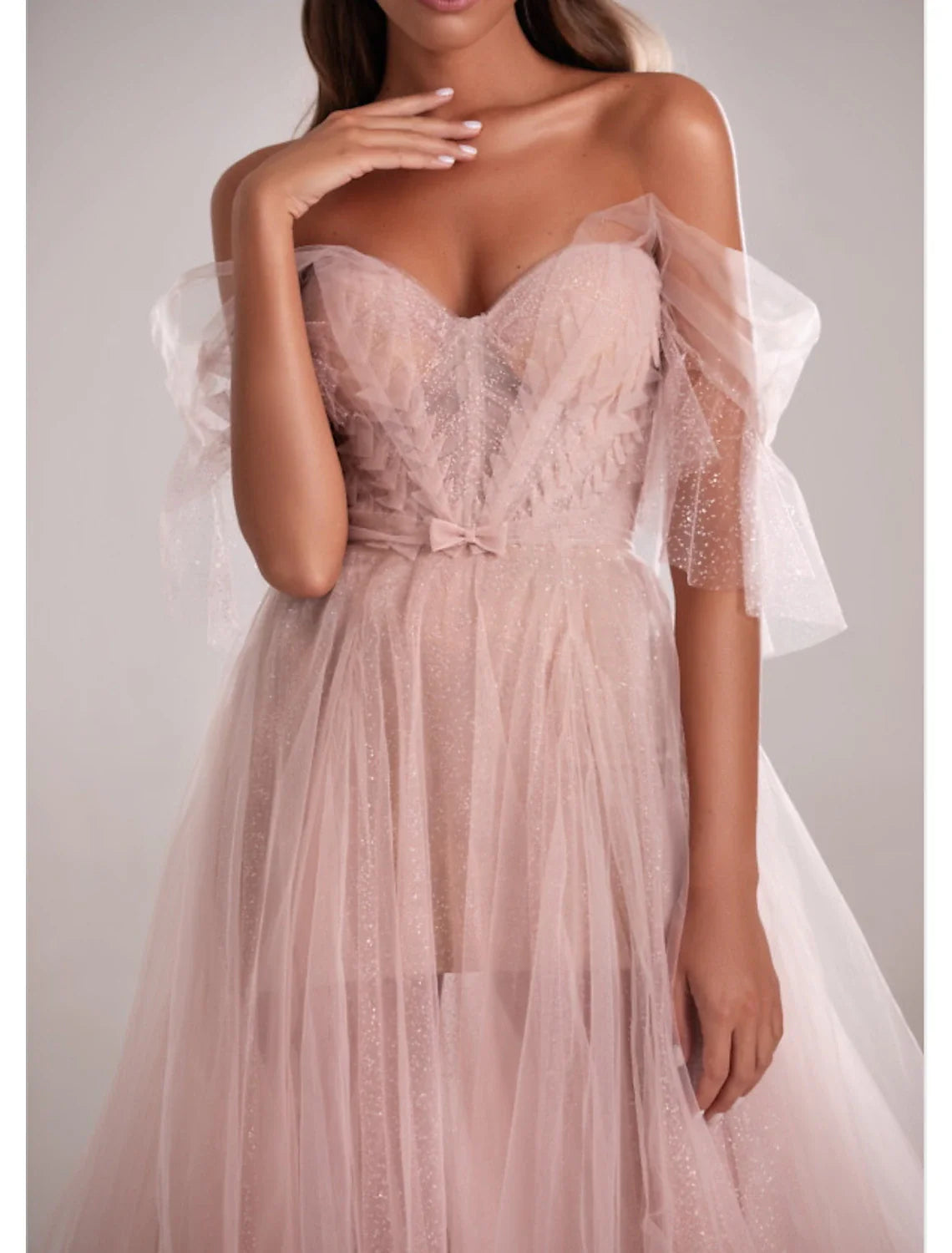 Evening Dress Sweetheart Neckline Sleeveless Court Train Tulle with Bow(s) Pleats