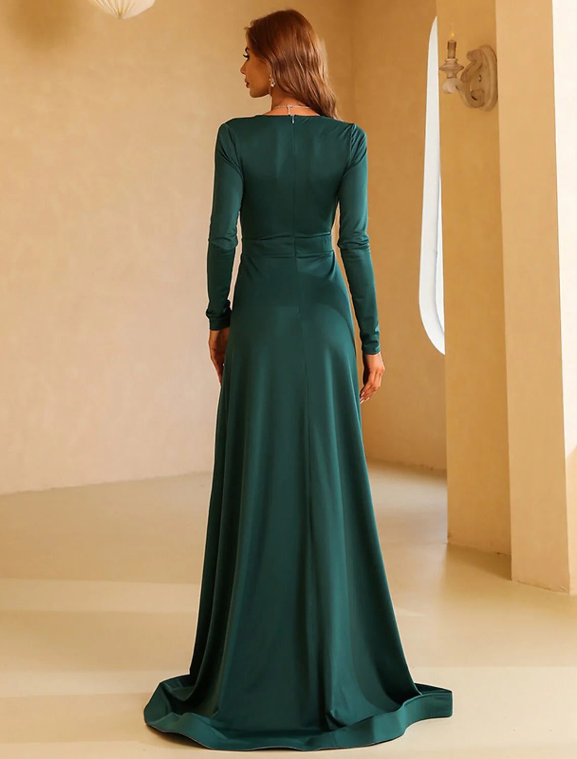 Evening Gown Vintage Dress Wedding Guest Christmas Red Green Dress Sweep / Brush Train Long Sleeve V Neck Polyester with Slit Pure Color