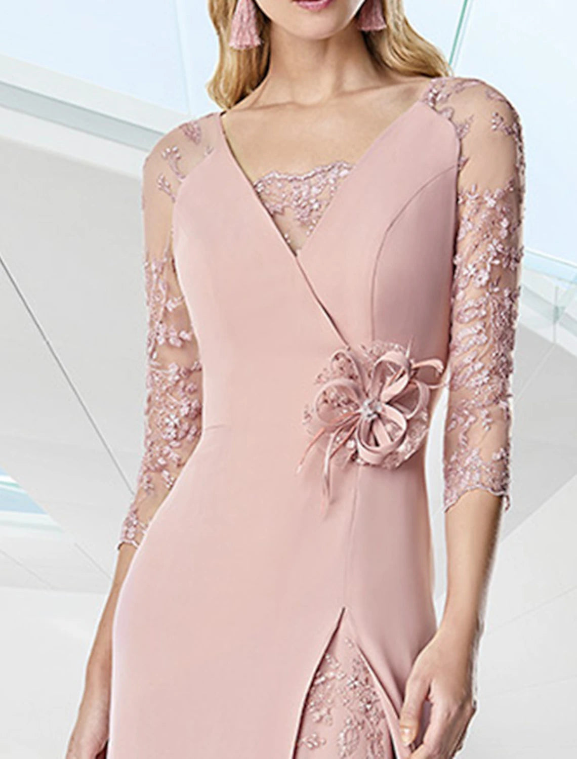 A-Line Prom Gown Elegant Dress Formal Floor Length 3/4 Length Sleeve V Neck Fall Wedding Guest Chiffon