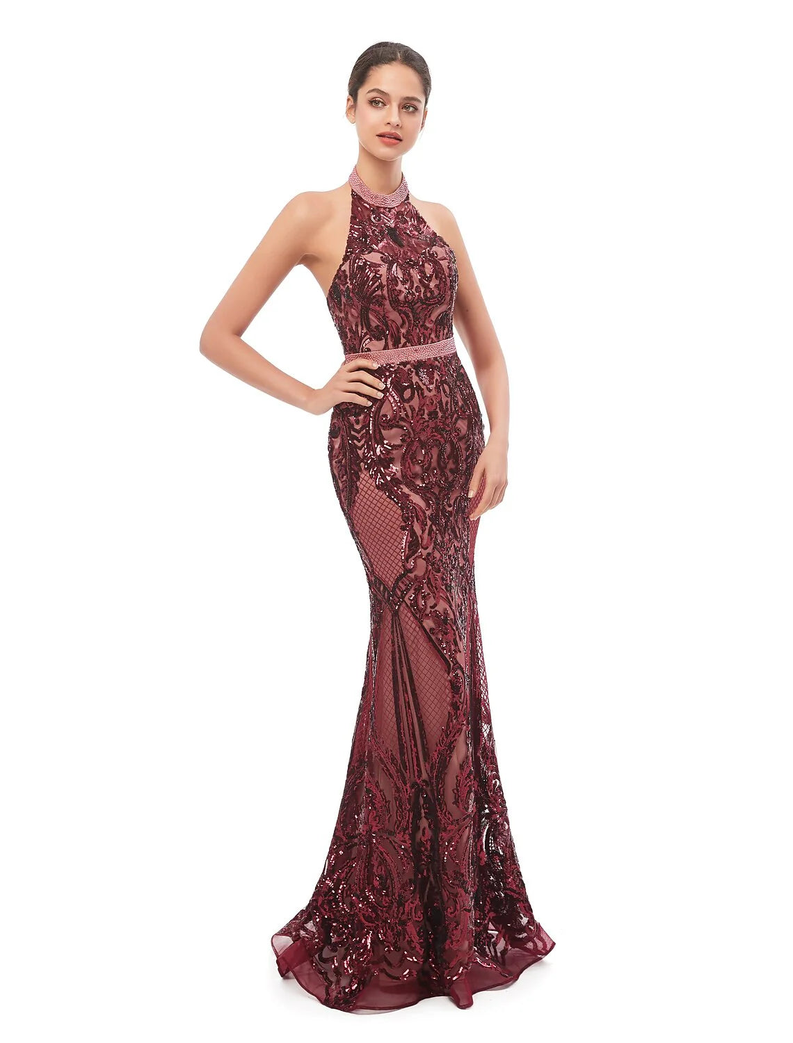 Evening Gown Beautiful Back Dress Prom Floor Length Sleeveless Halter Sequined with Sequin