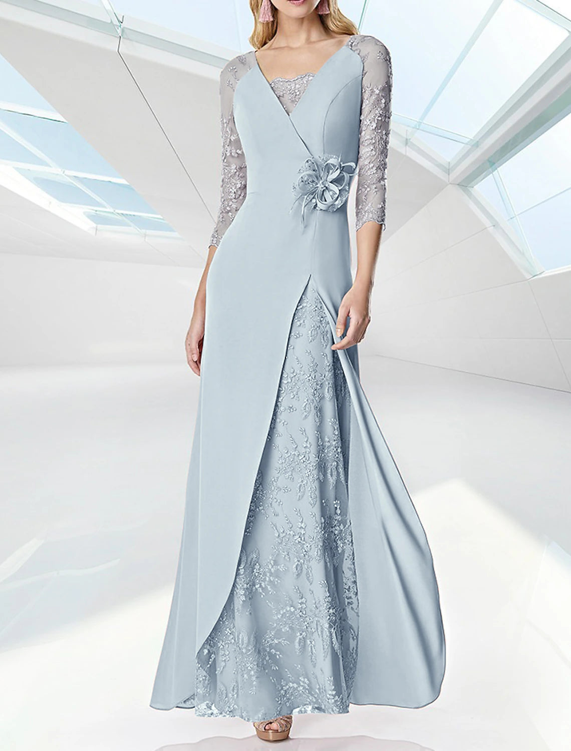 A-Line Prom Gown Elegant Dress Formal Floor Length 3/4 Length Sleeve V Neck Fall Wedding Guest Chiffon