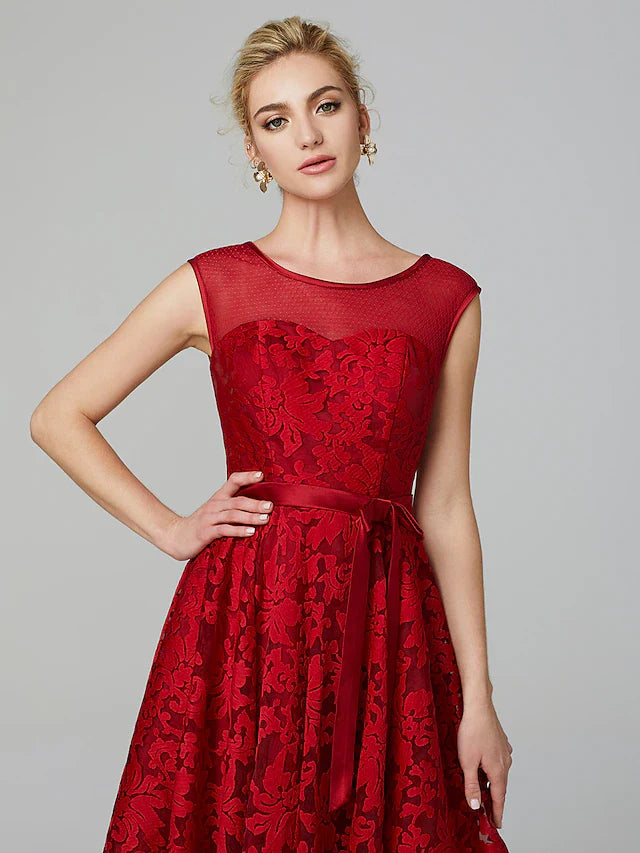 Cocktail Party Tea Length Sleeveless Illusion Neck All Over Floral Lace with Pleats