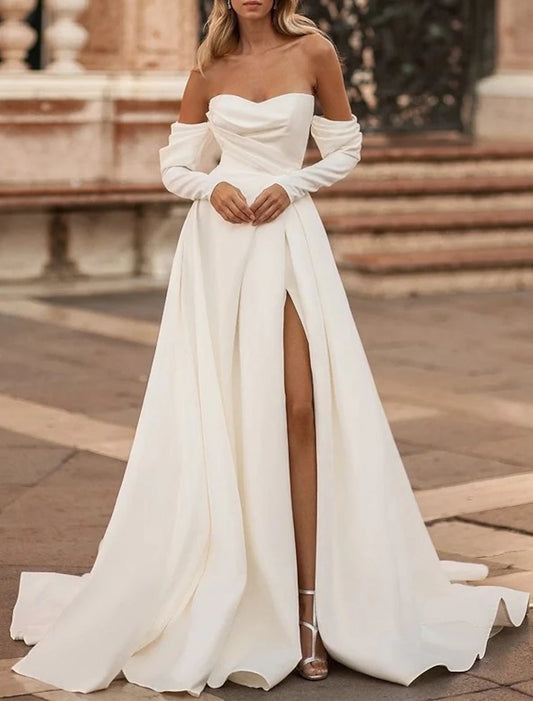 Hall Simple Wedding Dresses A-Line Off Shoulder Long Sleeve Court Train Satin Bridal Gowns