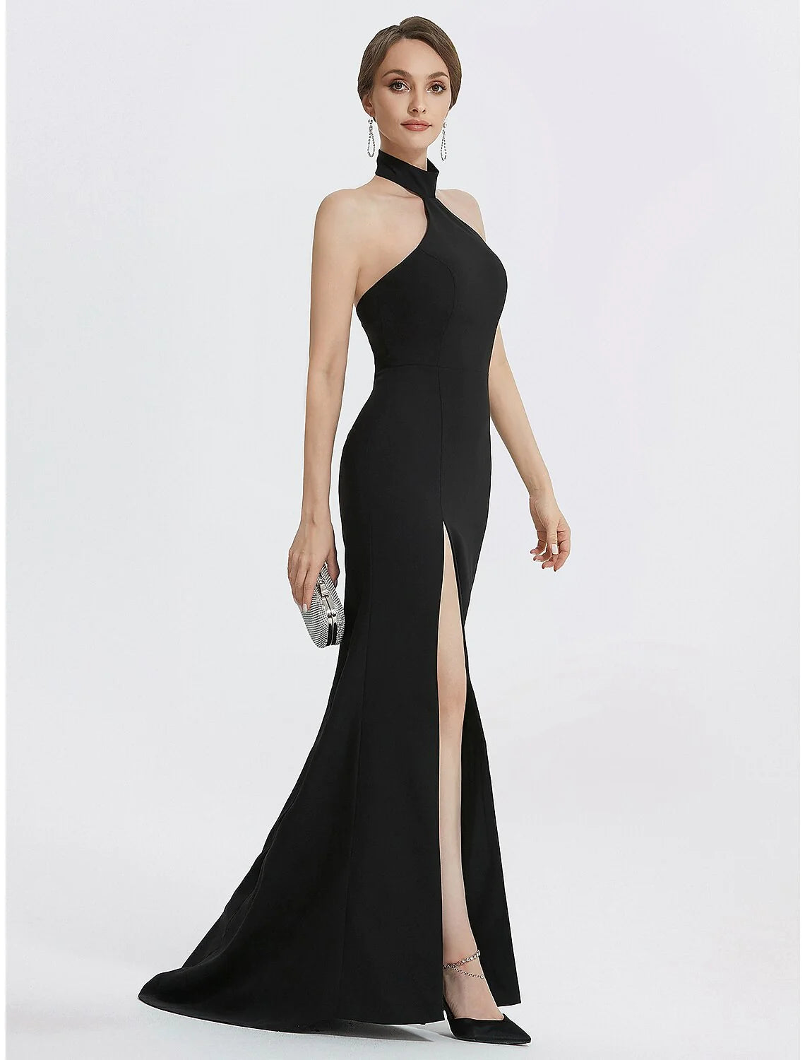 Sheath / Column Evening Gown Black Dress Dress Wedding Guest Prom Floor Length Sleeveless Halter Neck with Ruched