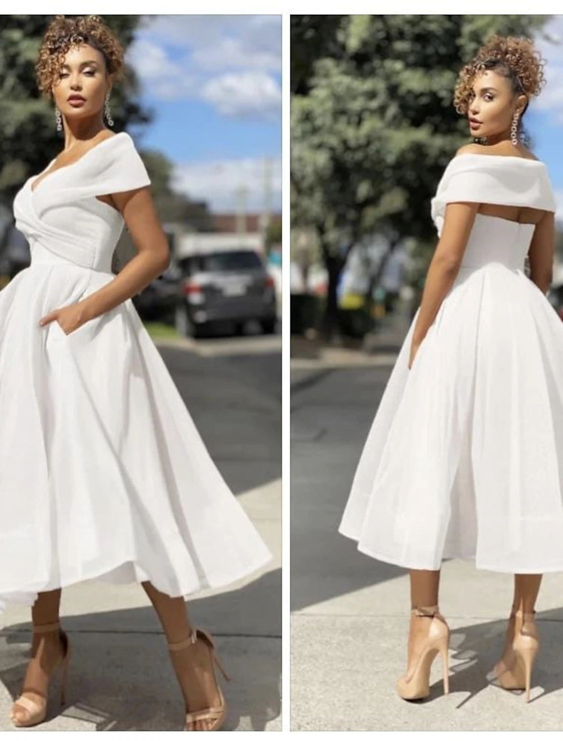 A-Line Prom Dresses Vintage Dress Wedding Guest Summer Tea Length Sleeveless Off Shoulder Organza Backless