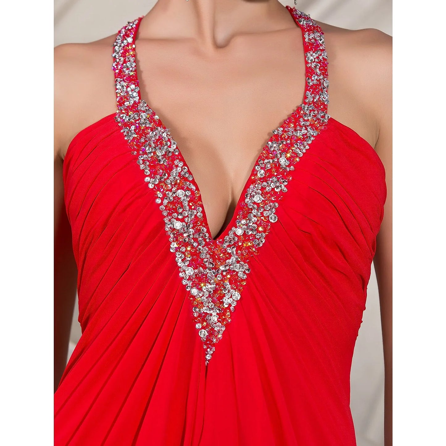Evening Floor Length Sleeveless Plunging Neck Chiffon with Beading