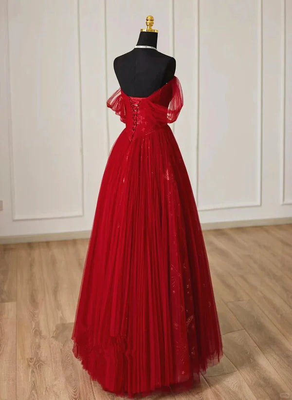 Wine Red Tulle Sweetheart Off Shoulder Prom Dress