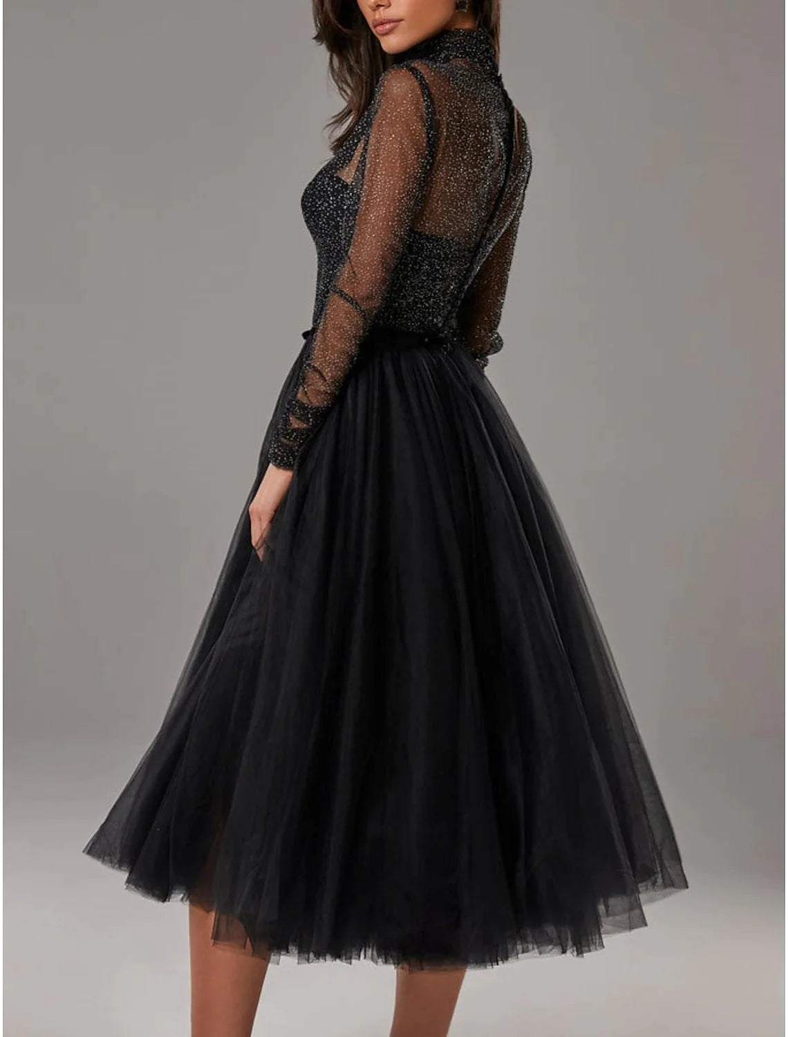 A-Line Cocktail Black Dress Vintage Dress Homecoming Cocktail Party Knee Length Long Sleeve High Neck Wednesday Addams Family Tulle with Pleats Pure Color