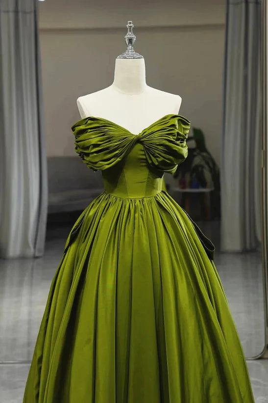 Green A-line Off Shoulder Satin Long Prom Dress