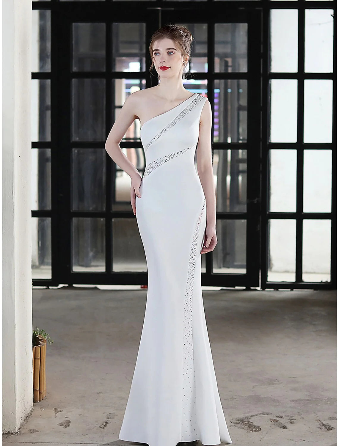 Mermaid / Trumpet Evening Gown Sexy Dress Wedding Guest Floor Length Sleeveless One Shoulder Satin with Crystals