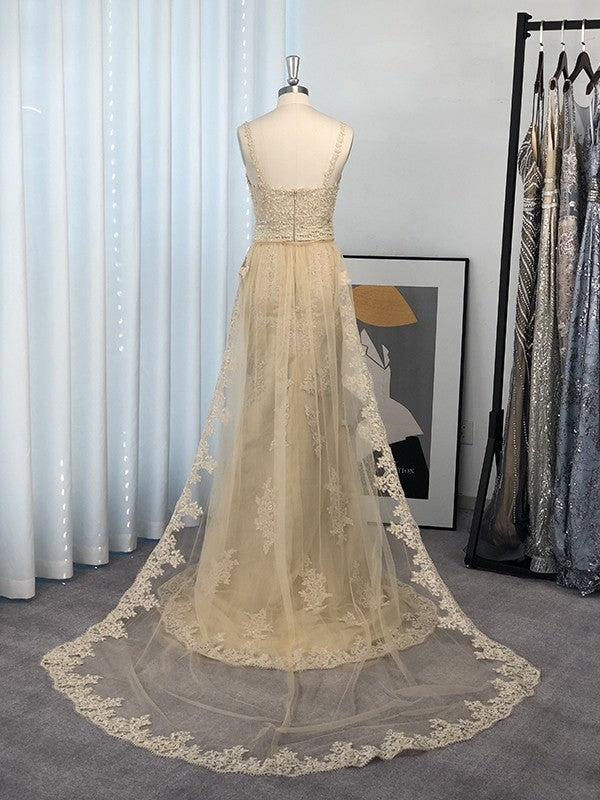 Sleeveless Straps Sweep/Brush Train Lace Tulle Dresses