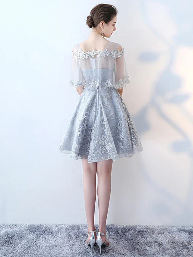 Cocktail Party Dress Jewel Neck Half Sleeve Short / Mini Tulle with Lace Insert Pattern / Print