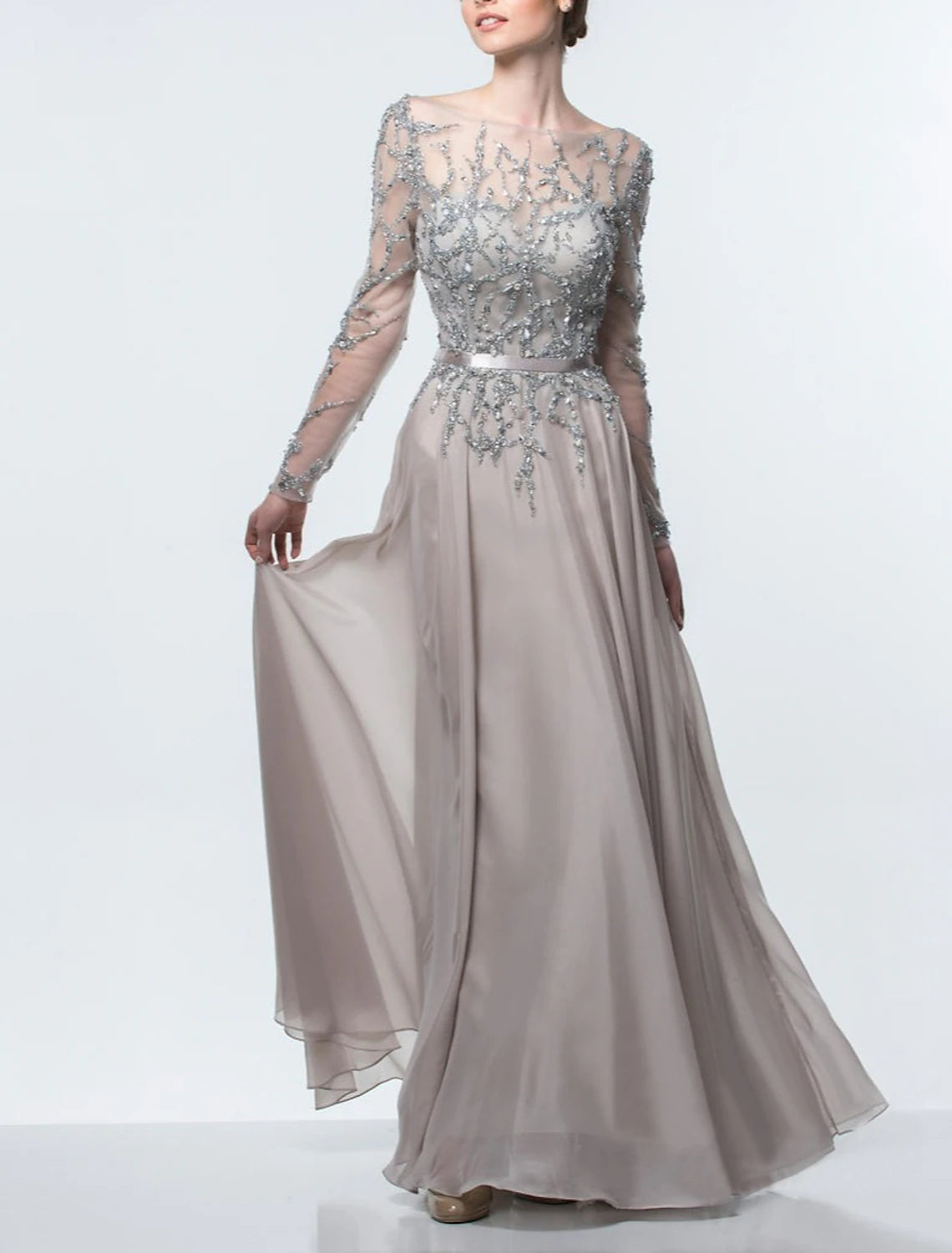 A-Line Mother of the Bride Dress Formal Wedding Guest Elegant Jewel Neck Floor Length Chiffon Sequined Long Sleeve