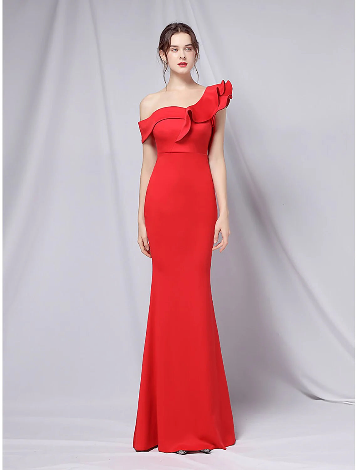 Evening Gown Empire Dress Wedding Guest Floor Length Short Sleeve One Shoulder Stretch Satin with Ruffles