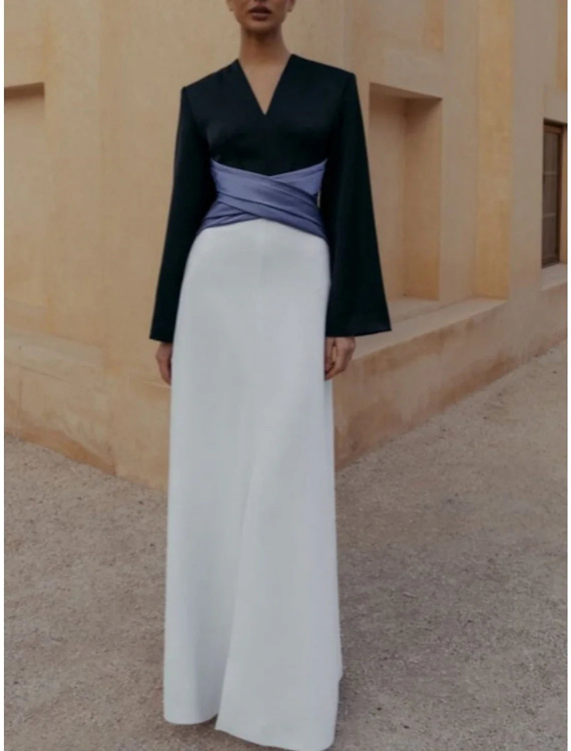 Evening Gown Elegant Dress Formal Floor Length Long Sleeve V Neck Satin with Pleats Ruched Slit