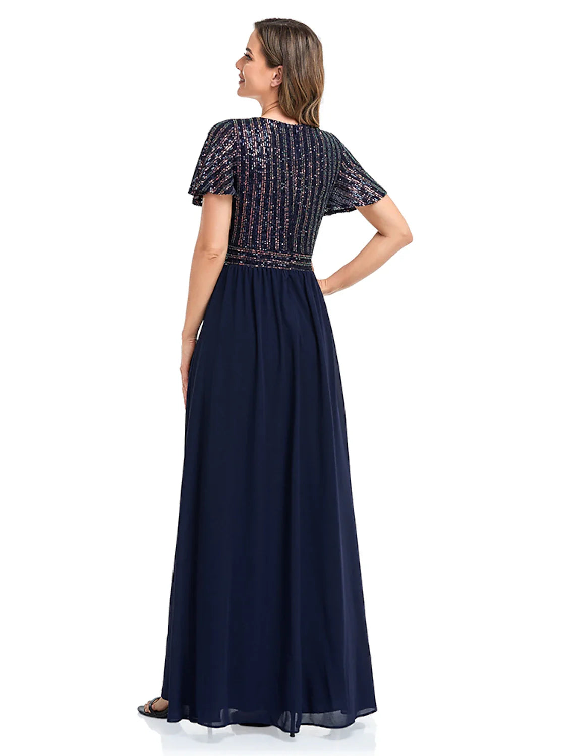Evening Gown Elegant Dress Christmas Floor Length Short Sleeve V Neck Sequined with Sequin