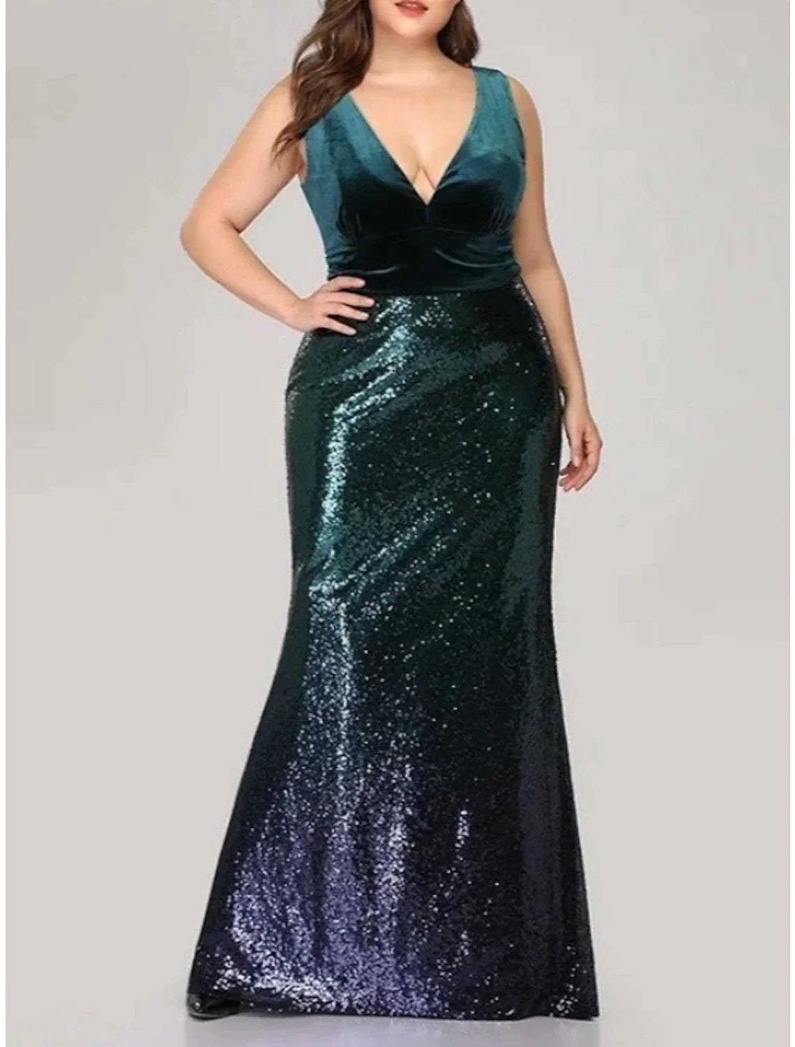 Mermaid / Trumpet Evening Gown Sparkle & Shine Dress Formal Fall Floor Length Sleeveless V Neck Sequined with Glitter Pleats