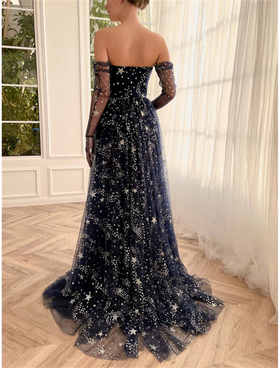 A-Line Prom Dresses Sparkle & Shine Dress Wedding Guest Birthday Sweep / Brush Train Sleeveless Strapless Tulle