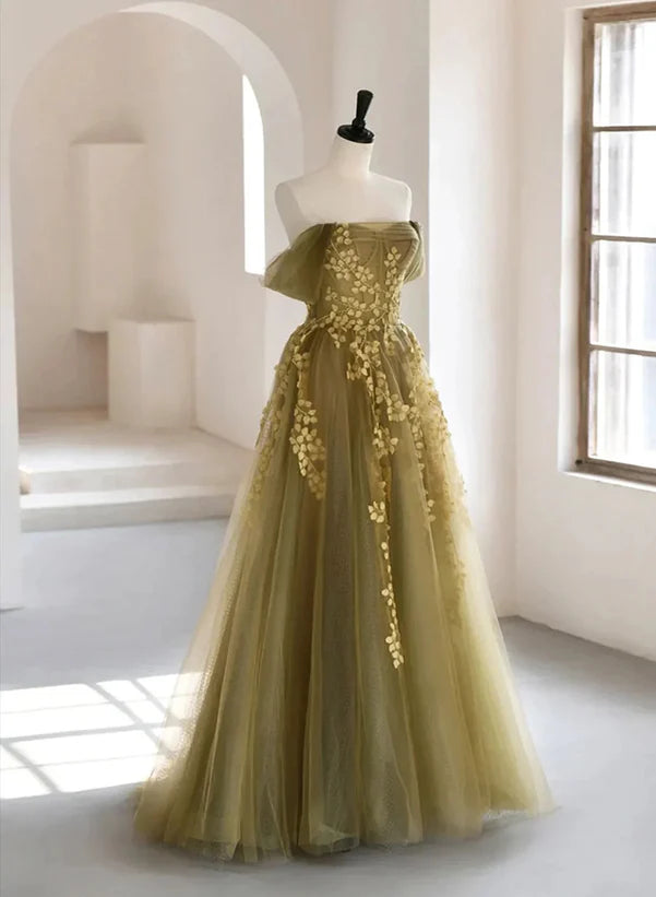 A-line Tulle with Lace Off Shoulder Prom Dress