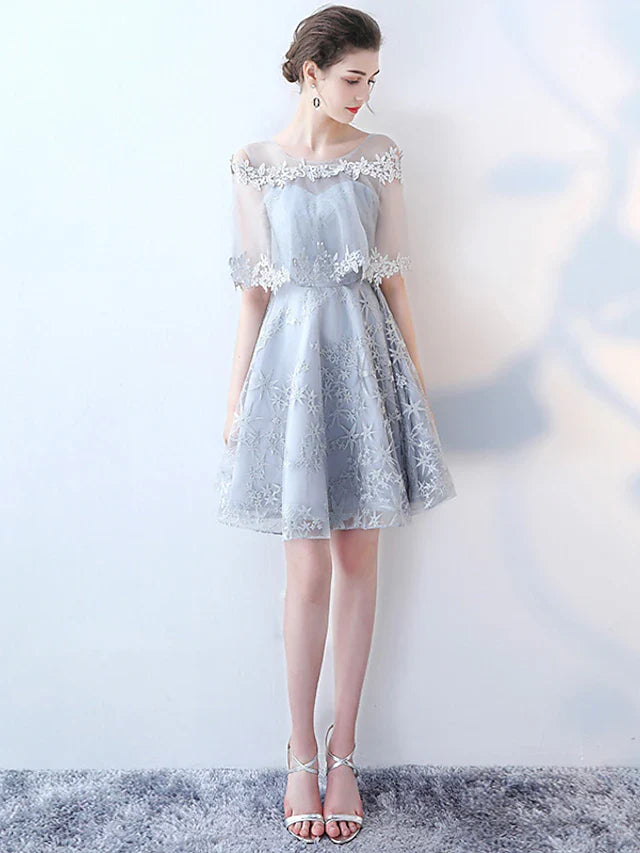 Cocktail Party Dress Jewel Neck Half Sleeve Short / Mini Tulle with Lace Insert Pattern / Print