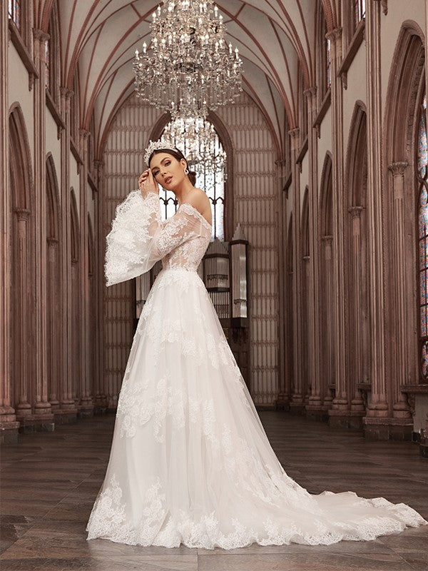 Off-the-Shoulder Tulle Long Sleeves Applique Sweep/Brush Train Wedding Dresses