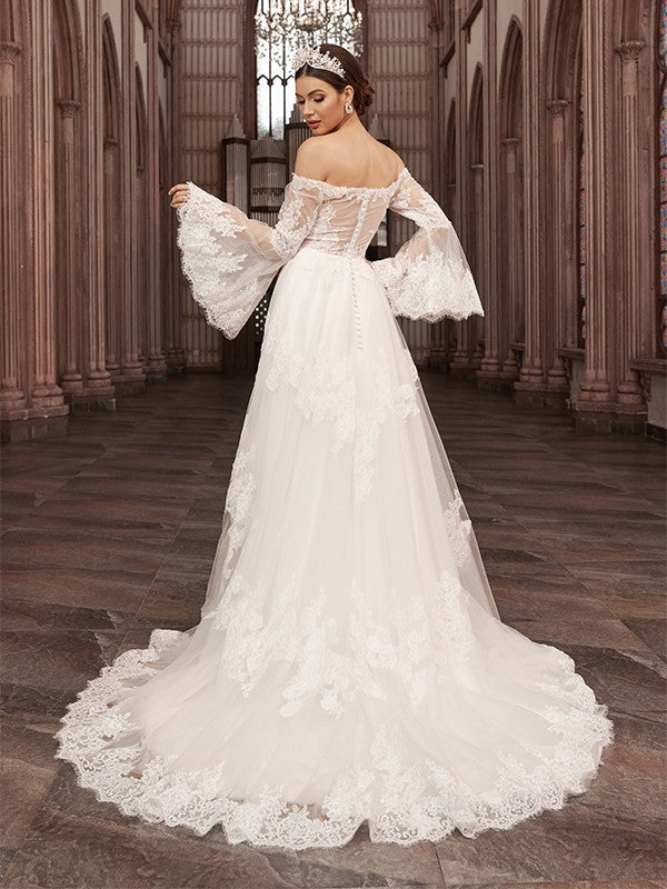 Off-the-Shoulder Tulle Long Sleeves Applique Sweep/Brush Train Wedding Dresses