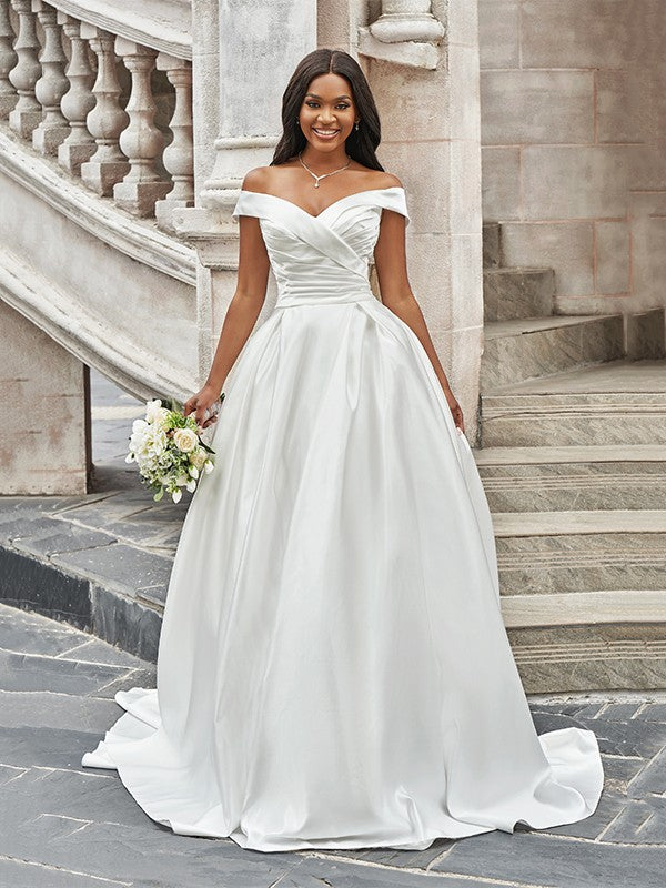 Off-the-Shoulder Ruched Sleeveless Satin Court Train Wedding Dresses