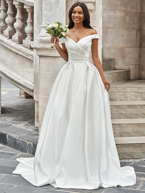 Off-the-Shoulder Ruched Sleeveless Satin Court Train Wedding Dresses