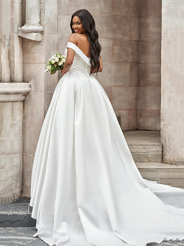 Off-the-Shoulder Ruched Sleeveless Satin Court Train Wedding Dresses