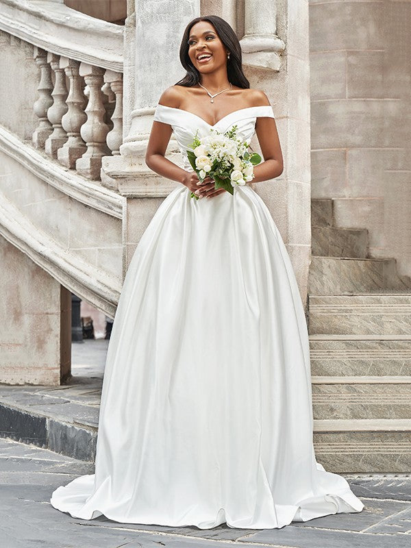Off-the-Shoulder Ruched Sleeveless Satin Court Train Wedding Dresses