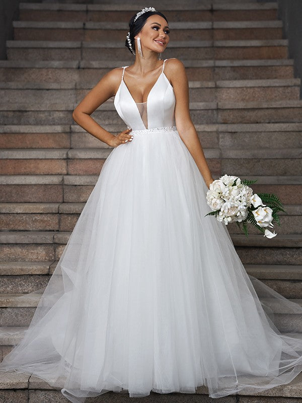 Tulle Ruffles V-neck Sleeveless Sweep/Brush Train Wedding Dresses