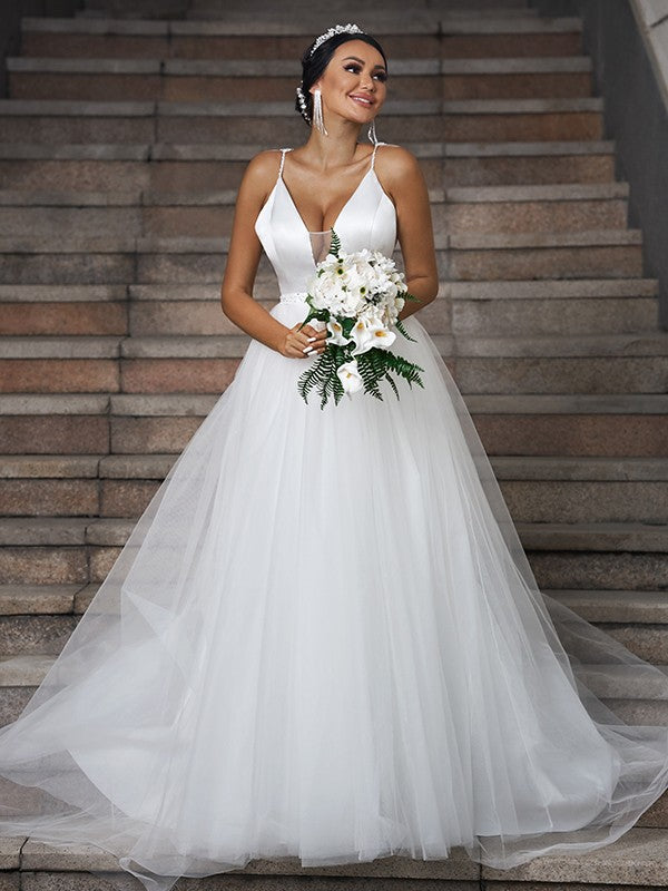 Tulle Ruffles V-neck Sleeveless Sweep/Brush Train Wedding Dresses