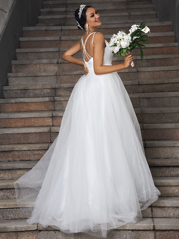 Tulle Ruffles V-neck Sleeveless Sweep/Brush Train Wedding Dresses