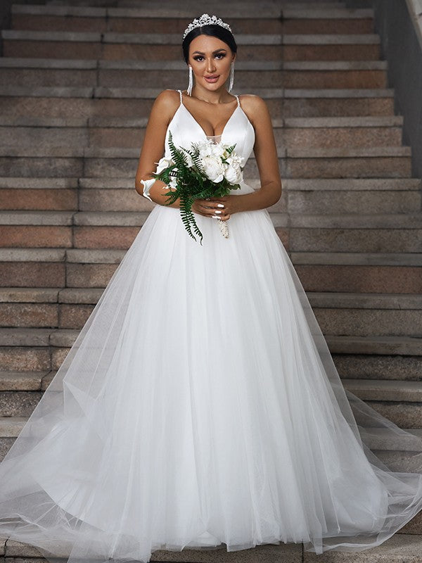 Tulle Ruffles V-neck Sleeveless Sweep/Brush Train Wedding Dresses