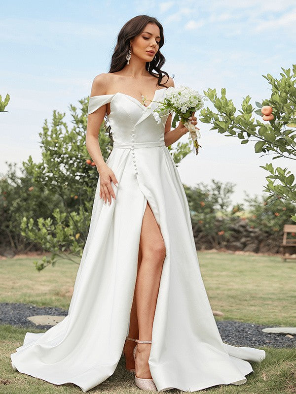 Off-the-Shoulder Sleeveless Sweep/Brush Train Wedding Dresses