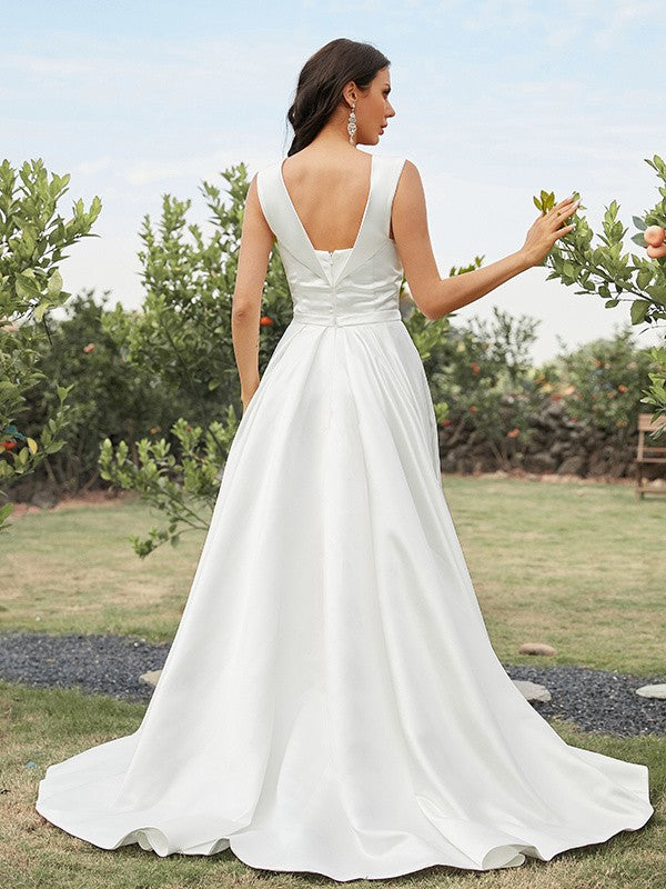 Off-the-Shoulder Sleeveless Sweep/Brush Train Wedding Dresses
