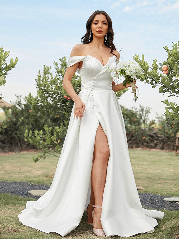 Off-the-Shoulder Sleeveless Sweep/Brush Train Wedding Dresses