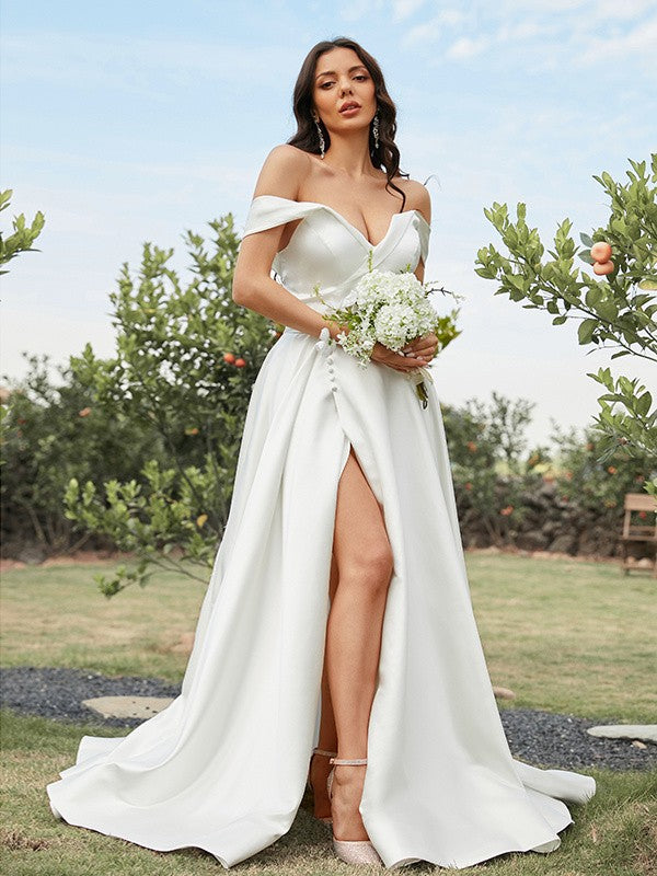 Off-the-Shoulder Sleeveless Sweep/Brush Train Wedding Dresses