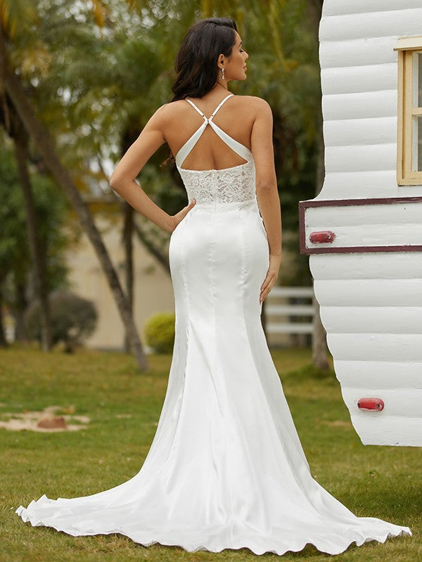 Satin Ruched Spaghetti Straps Sleeveless Court Train Wedding Dresses