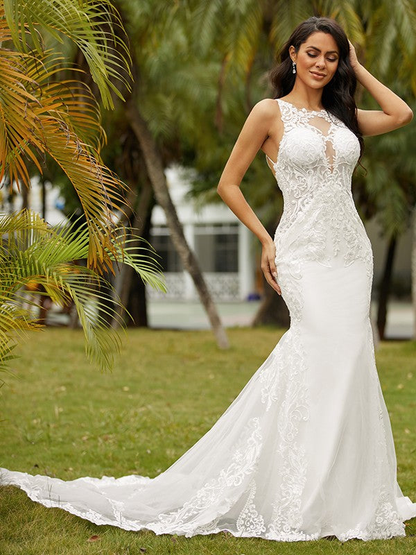 Crepe Lace Scoop Sleeveless Cathedral Train Wedding Dresses
