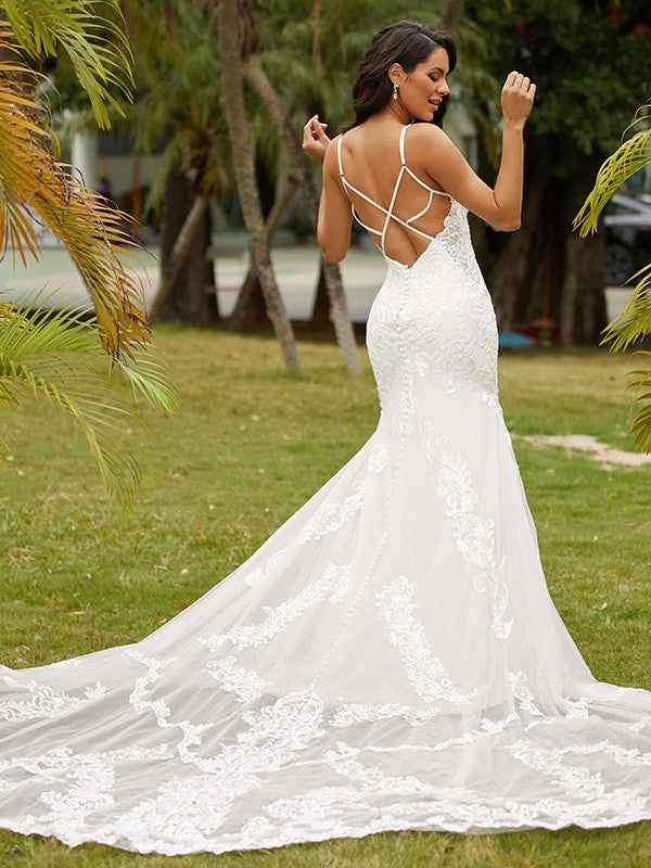 Crepe Lace Scoop Sleeveless Cathedral Train Wedding Dresses
